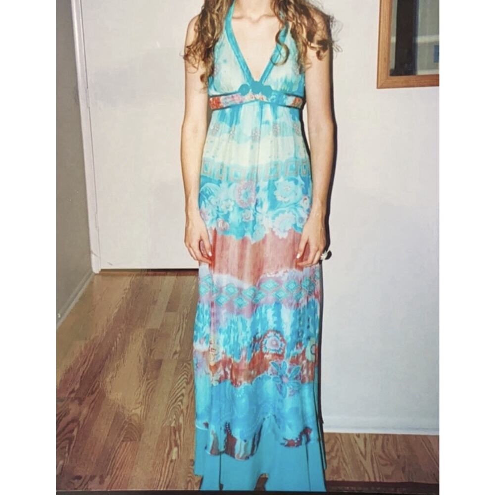 Sue Wong Blue Beaded Watercolor Floral Silk Blend Halter Maxi Dress Size 4 - Picture 2 of 9